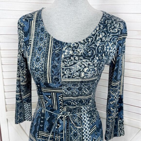 Lauren Ralph Lauren Printed Patchwork Knit Fit Flare Dress Blue Small - Picture 5 of 11